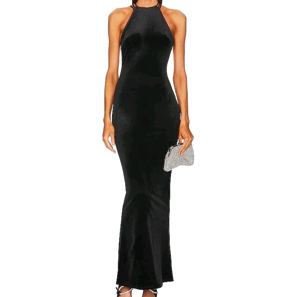 Michael Costello x REVOLVE Tawny Black Velvet Strappy Back Maxi Dress XS NWT